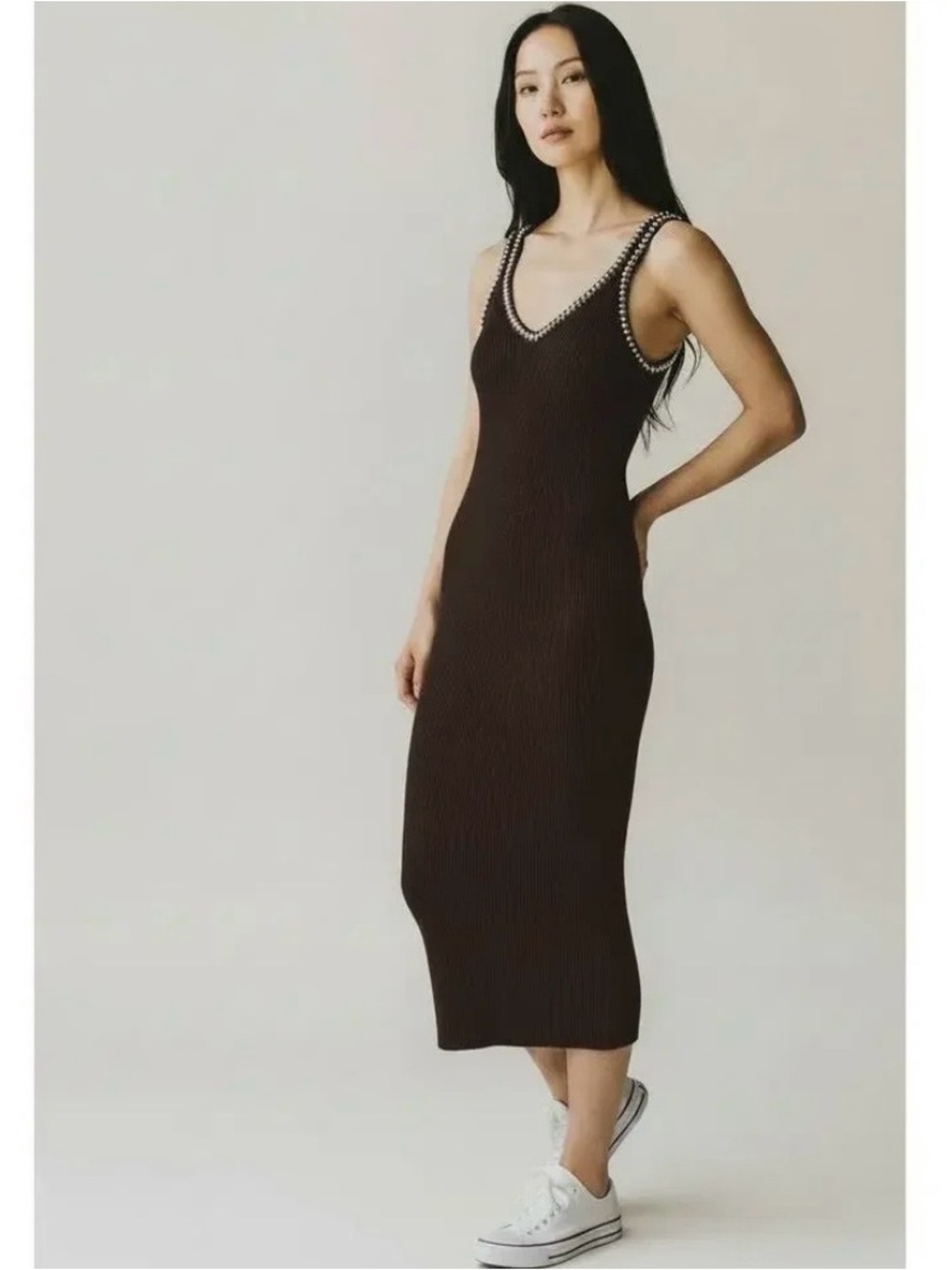 NWT Caroline Constas Brown Ribbed Knit Maxi Dress Medium